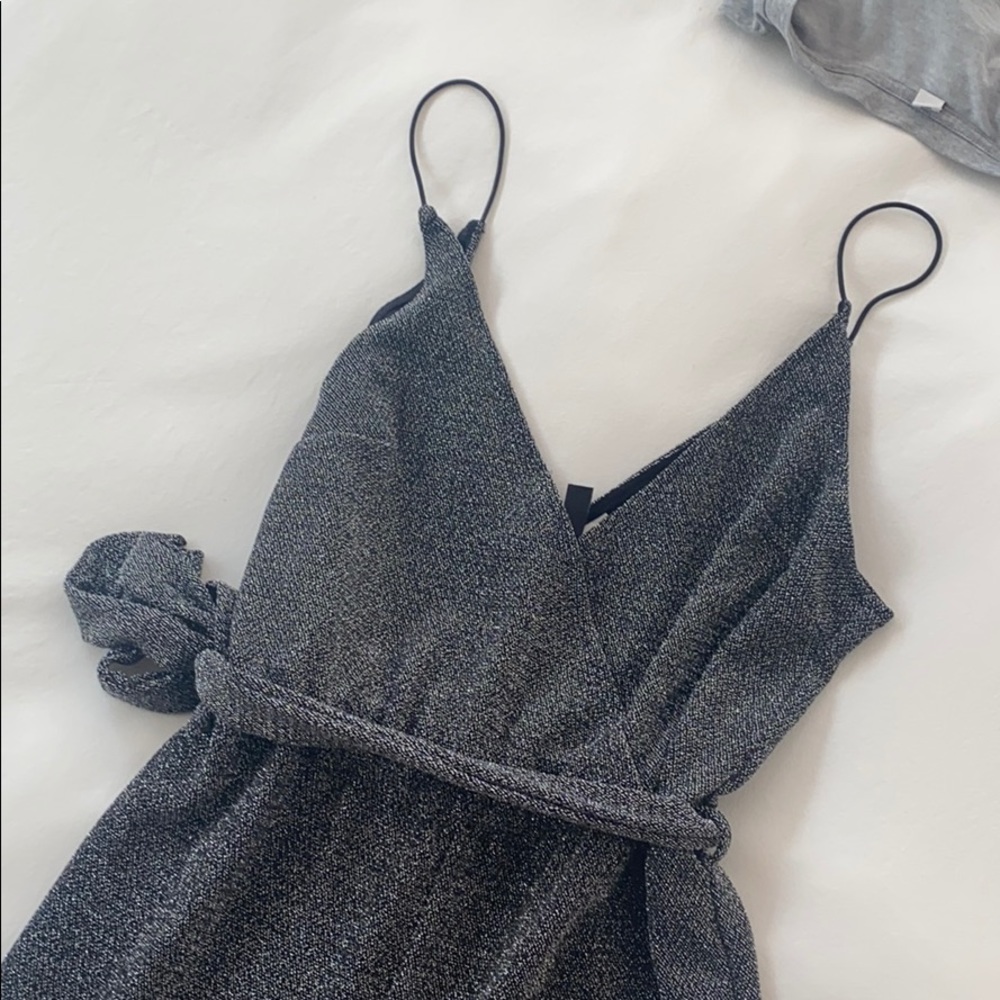 H&M shiny belted jumpsuit silver black Med